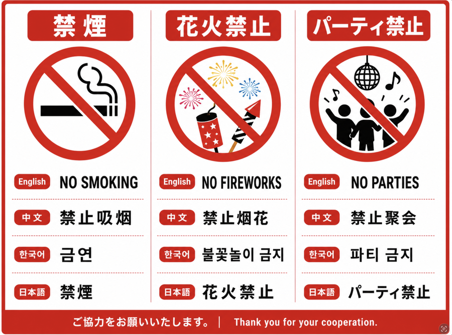 禁煙・花火禁止・パーティ禁止 No Smoking / No Fireworks / No Parties